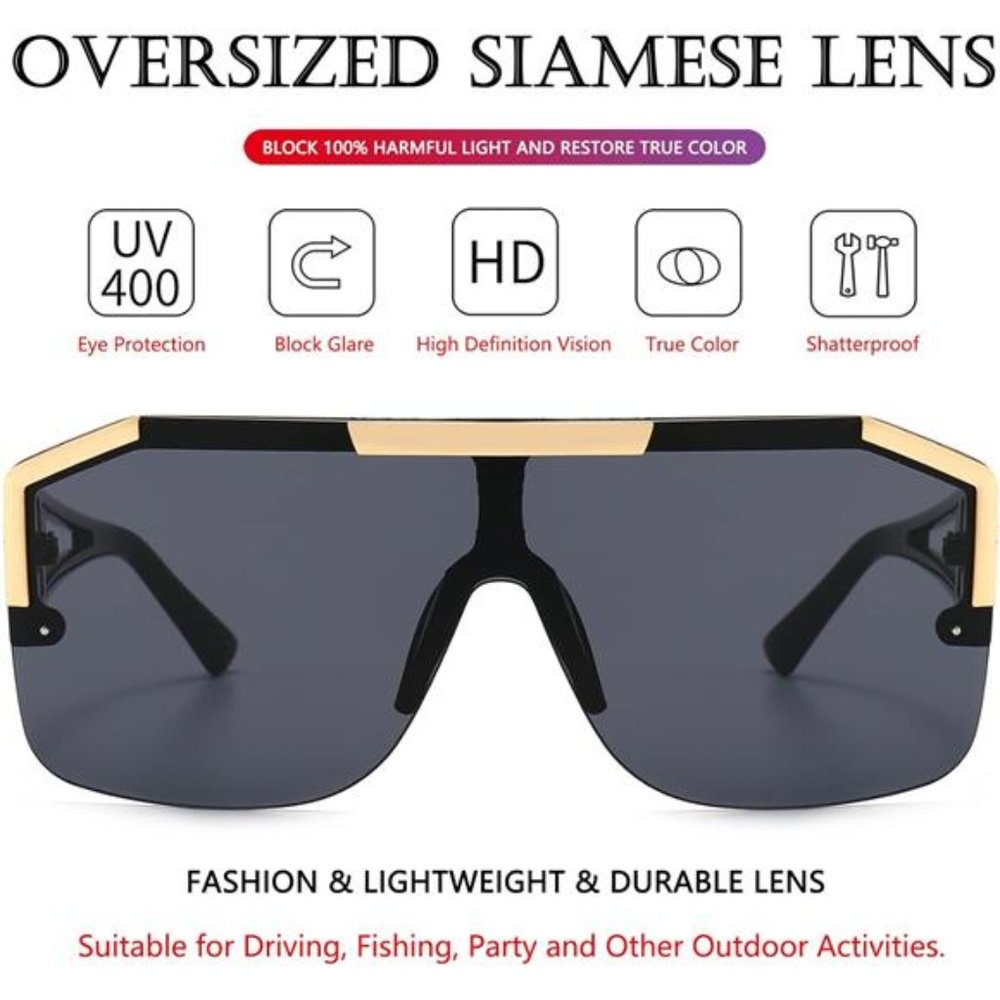 AIEYEZO Square Oversized Sunglasses Flat Top Shield Sun Glasses for Men - Picture 4 of 8
